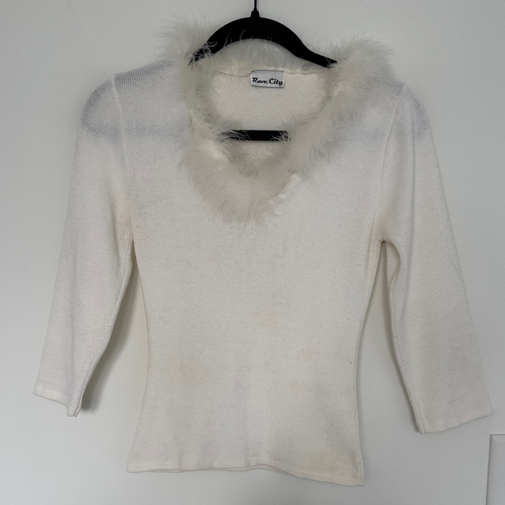 Rave City Vintage White Fuzzy Trim Sweater - Size S